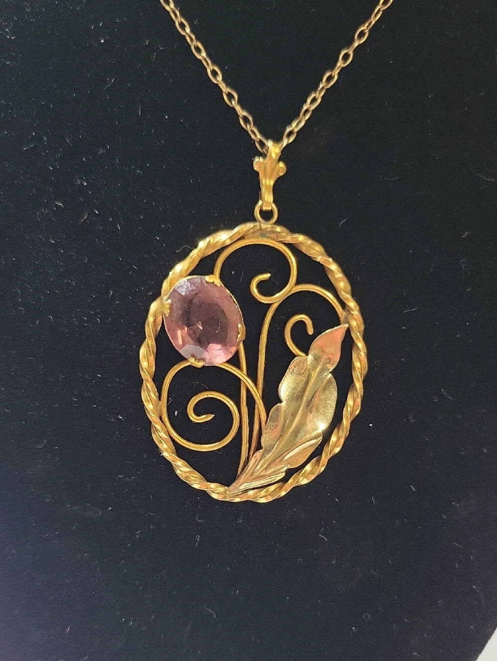 Gold-Tone Floral Pendant Necklace with Pink Stone